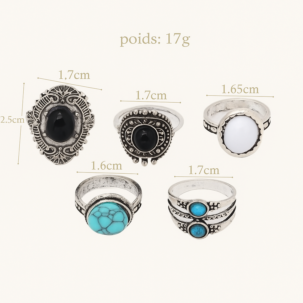 Ensemble de 5 Bagues Bohème Chic – Pierres Turquoise, Noire et Blanche💍🦋
